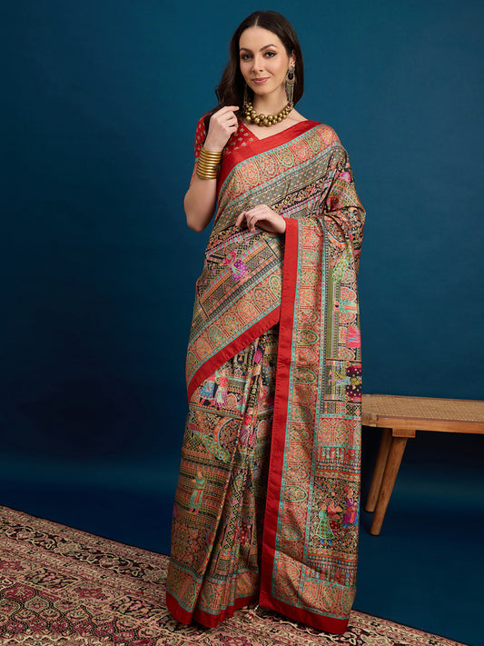Multi-Color Silk Blend Heritage Kalamkari Style Saree