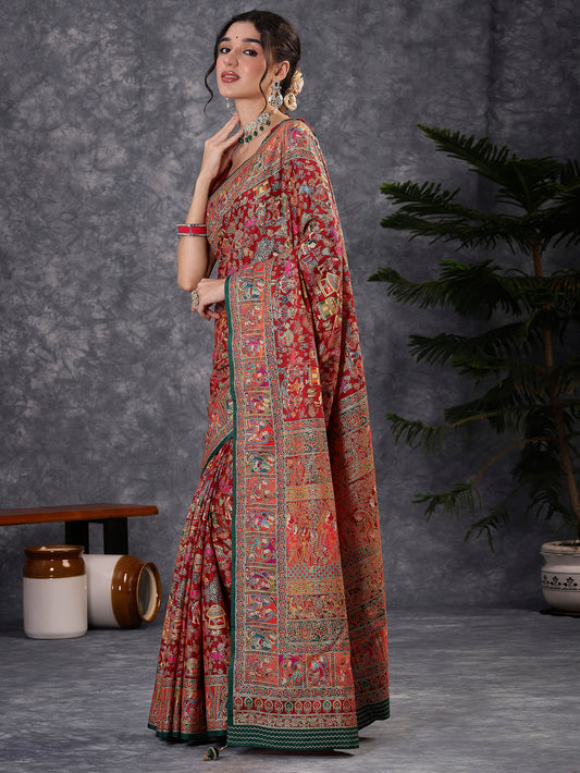Red & Green Silk Blend Heritage Patola Style Saree