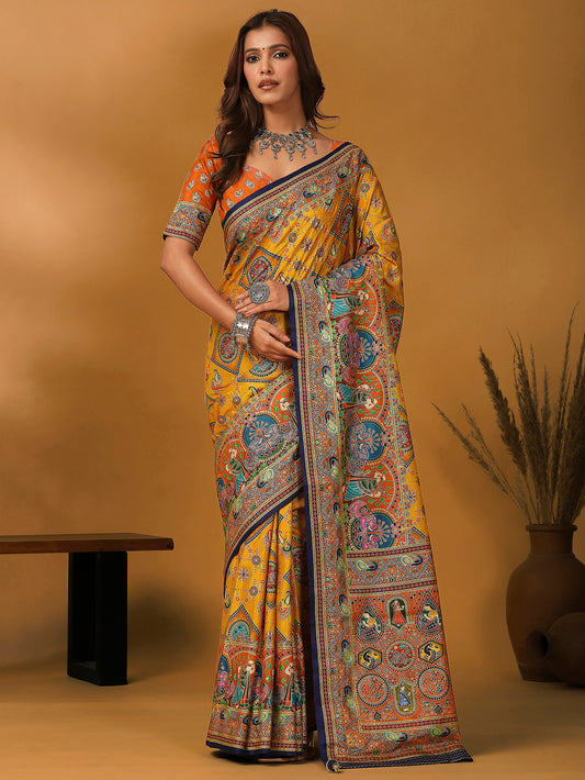 Heritage Mustard Yellow Patola Silk Blend Saree