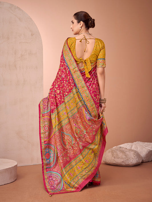 Pink & Yellow Silk Blend Heritage Banarasi Style Saree