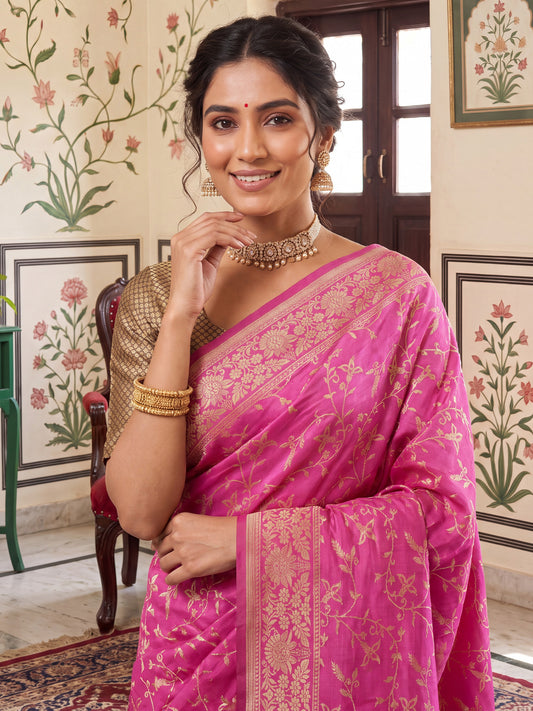 Hot Pink Golden Zari Jaal Banarasi Litchi Silk Saree