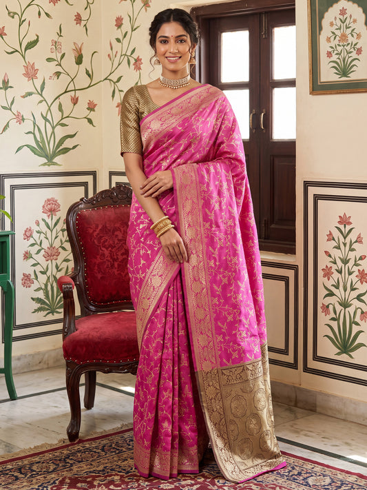Hot Pink Golden Zari Jaal Banarasi Litchi Silk Saree