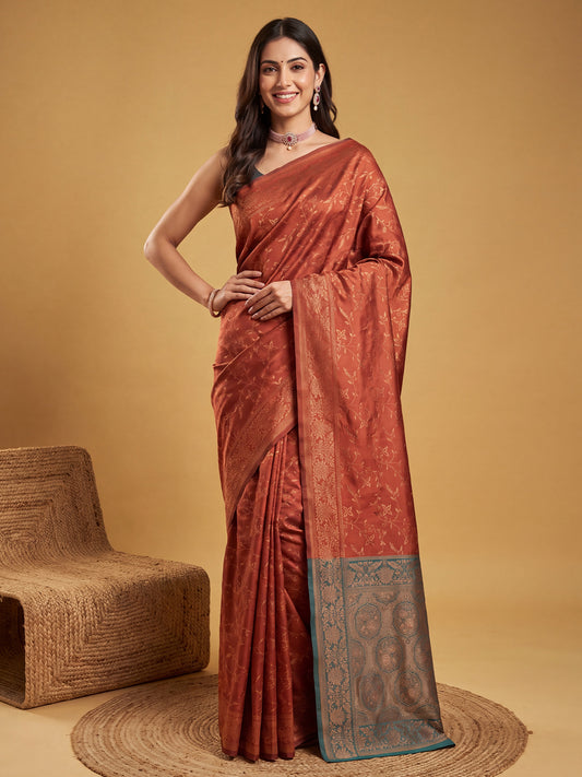 Rust Tonal Zari Jaal Weave Litchi Silk Saree