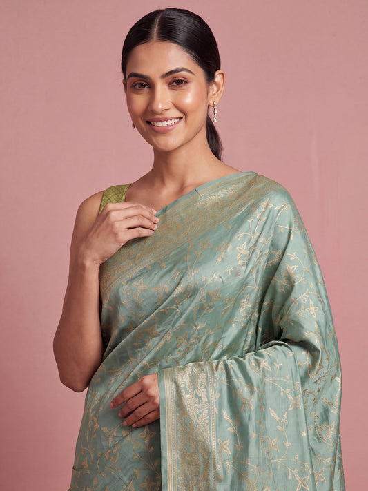 Green Tonal Zari Jaal Weave Banarasi Litchi Silk Saree