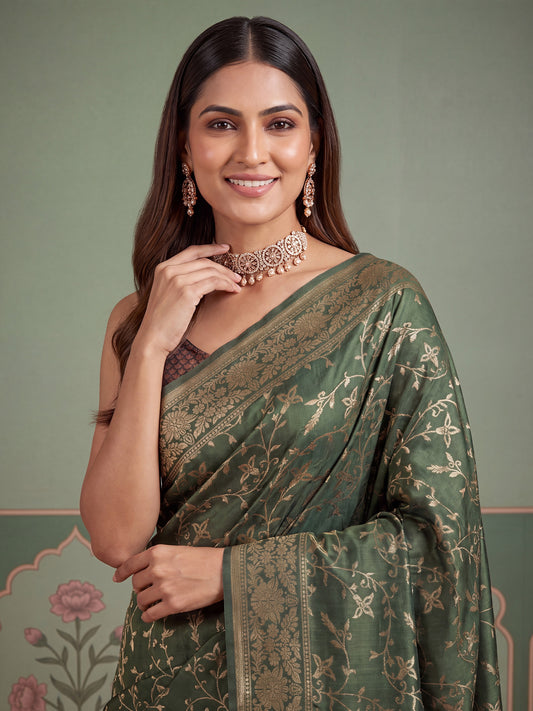 Forest Green Gold Zari Jaal Banarasi Litchi Silk Saree