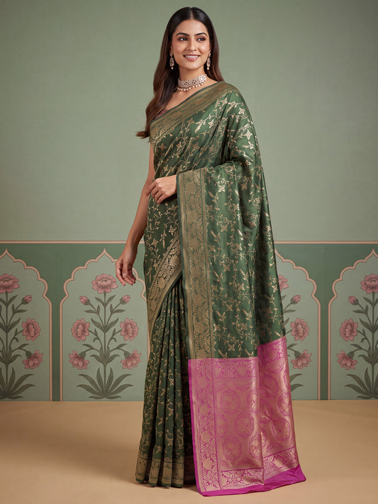 Forest Green Gold Zari Jaal Banarasi Litchi Silk Saree