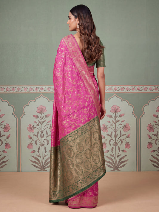Pink Banarasi Gold Zari Jaal Litchi Silk Saree
