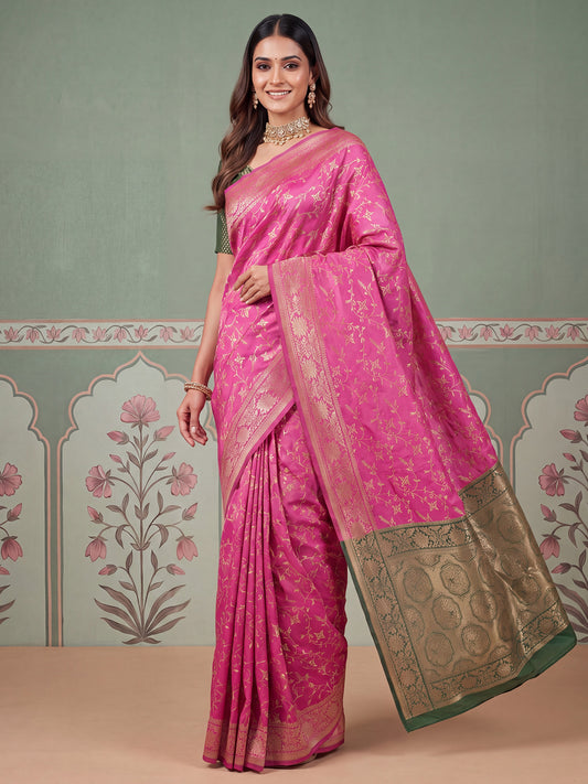 Pink Banarasi Gold Zari Jaal Litchi Silk Saree
