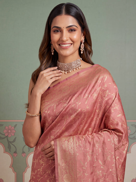 Dusty Rose Gold Zari Jaal Litchi Silk Saree