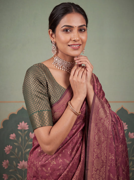 Mauve Gold Zari Jaal Litchi Silk Saree