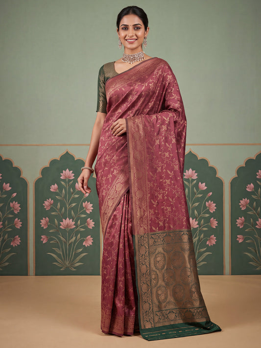 Mauve Gold Zari Jaal Litchi Silk Saree