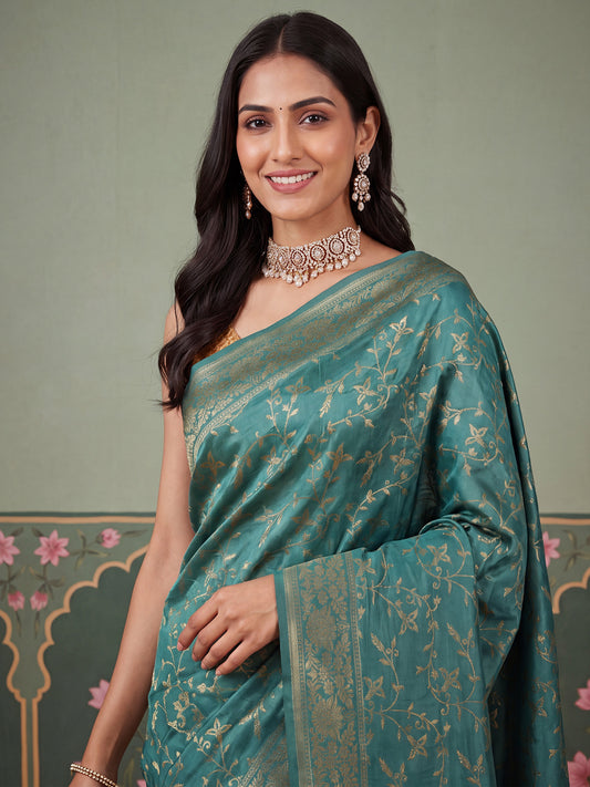 Teal Silver-Gold Zari Jaal Litchi Silk Saree