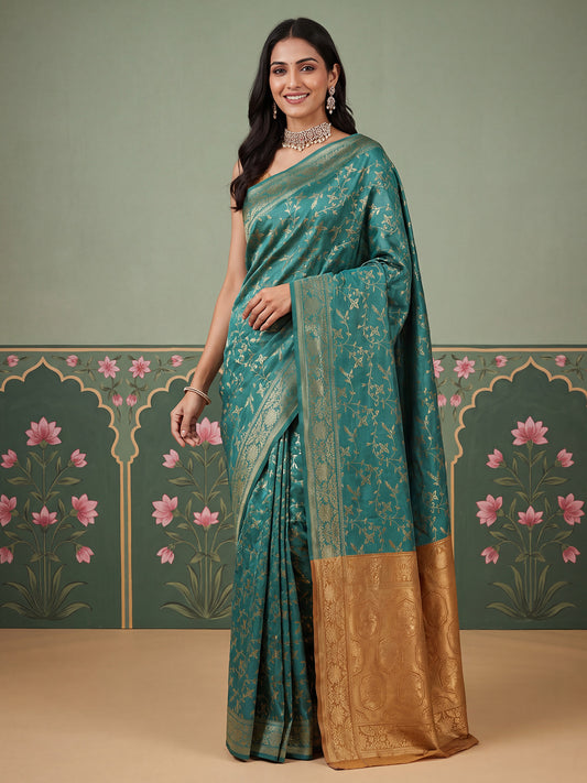 Teal Silver-Gold Zari Jaal Litchi Silk Saree