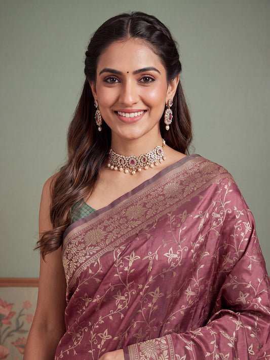 Mauve Gold Zari Jaal Litchi Silk Saree
