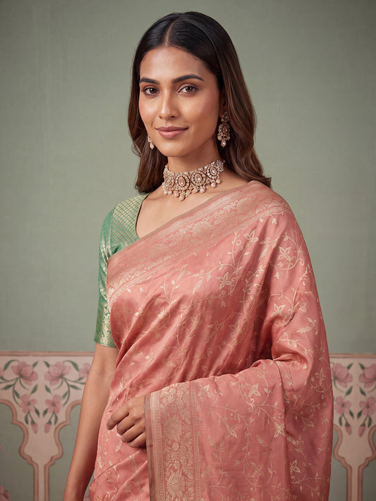 Salmon Pink Gold Zari Jaal Litchi Silk Saree