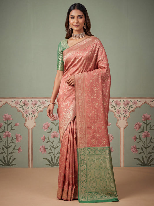 Salmon Pink Gold Zari Jaal Litchi Silk Saree