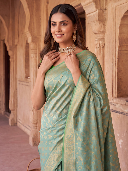 Mint Green Silver-Gold Zari Jaal Litchi Silk Saree