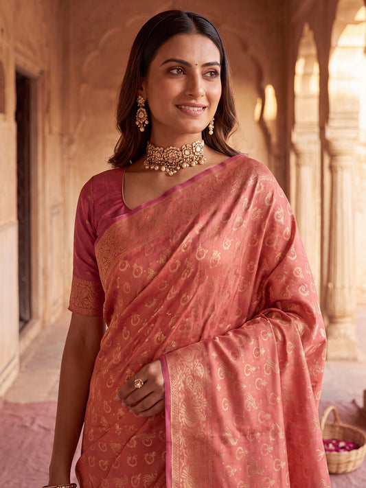 Coral Gold Zari Paisley Jaal Litchi Silk Saree