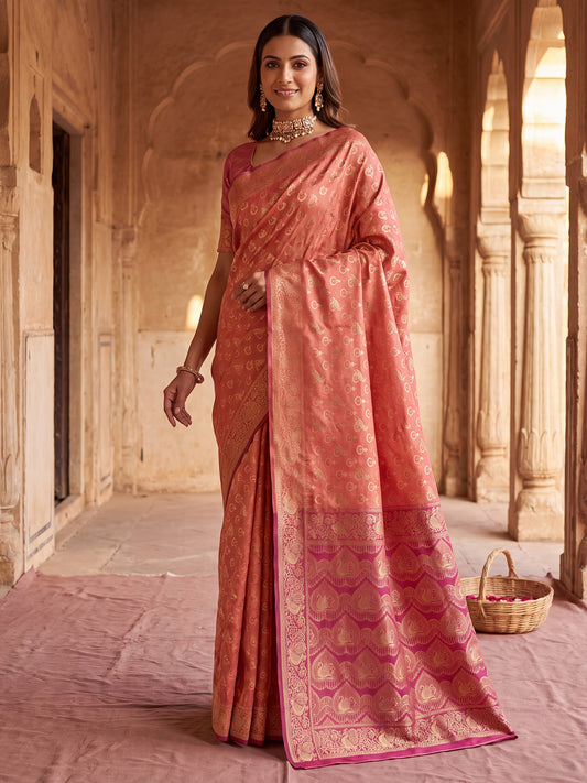 Coral Gold Zari Paisley Jaal Litchi Silk Saree