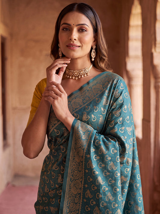 Teal Multicolor Zari Paisley Buti Litchi Silk Saree