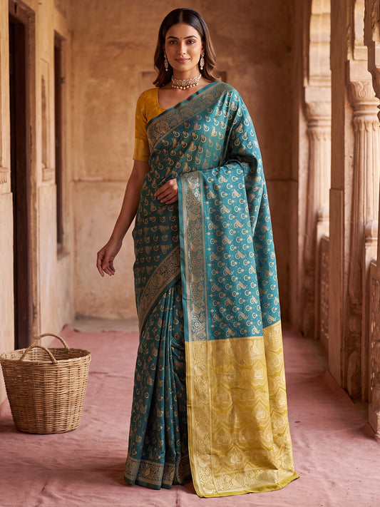 Teal Multicolor Zari Paisley Buti Litchi Silk Saree