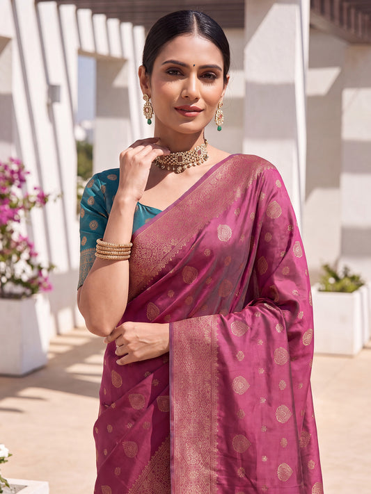 Deep Pink Gold Zari Paisley Buti Litchi Silk Saree