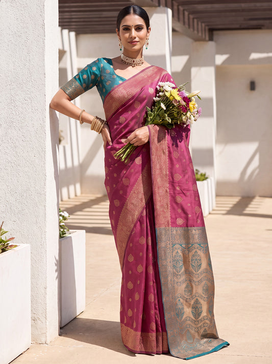 Deep Pink Gold Zari Paisley Buti Litchi Silk Saree
