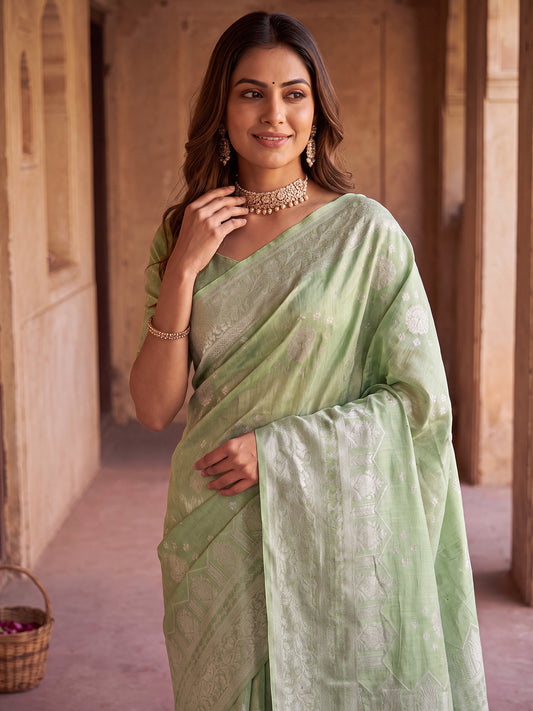 Mint Green Silver Zari Jaal Litchi Silk Saree