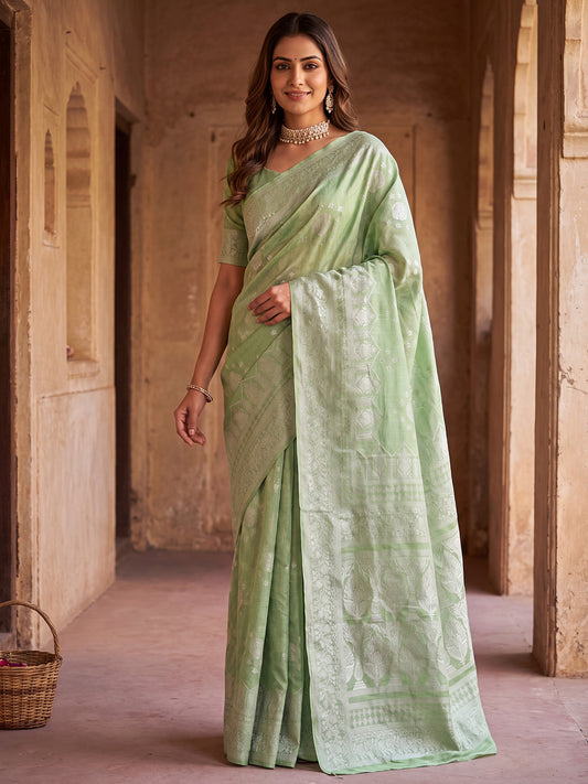 Mint Green Silver Zari Jaal Litchi Silk Saree
