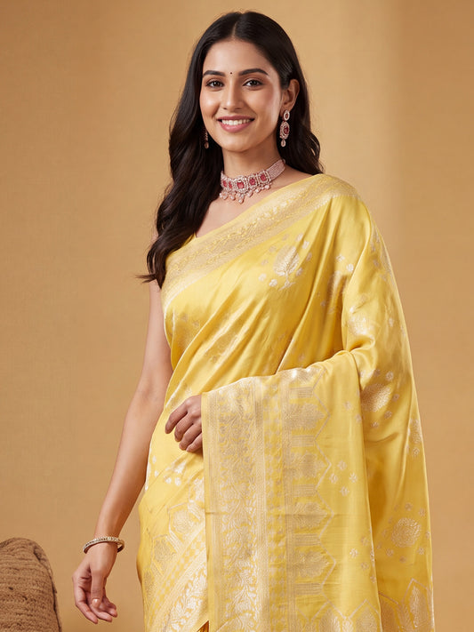Lemon Yellow Silver Zari Jaal Litchi Silk Saree