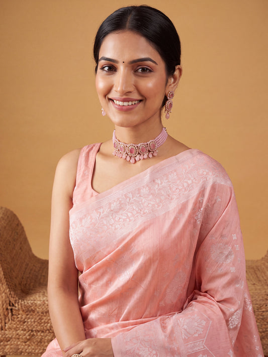 Baby Pink Silver Zari Jaal Litchi Silk Saree