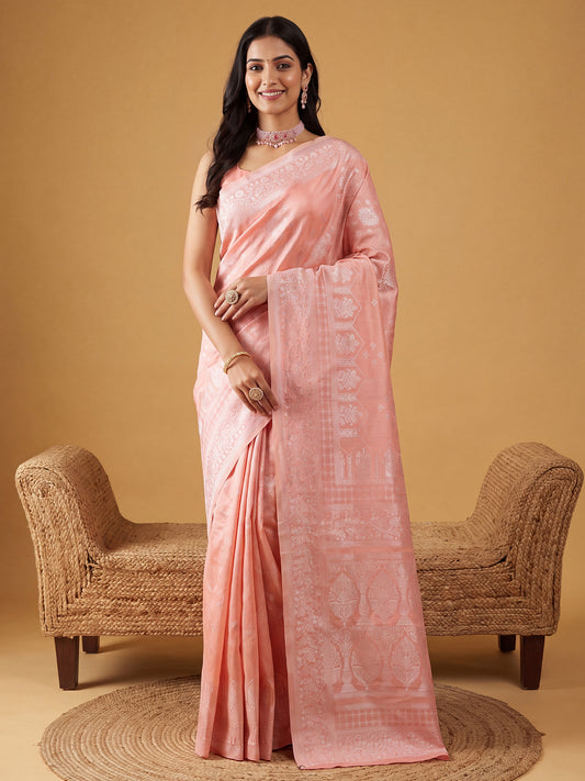 Baby Pink Silver Zari Jaal Litchi Silk Saree
