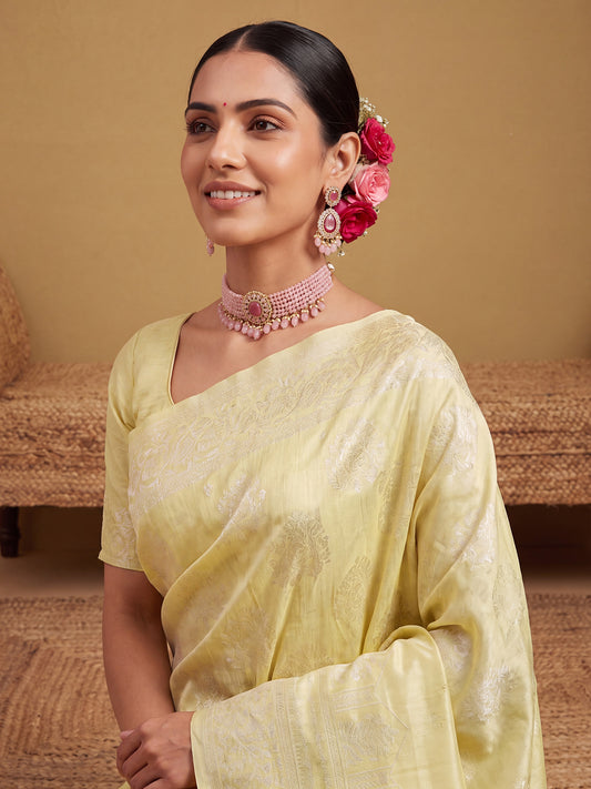 Yellow Tonal Gold-Silver Zari Jaal Banarasi Litchi Silk Saree