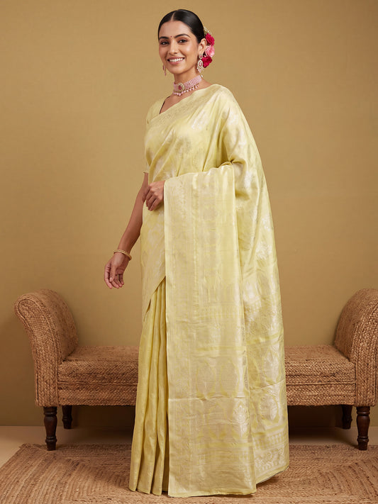 Yellow Tonal Gold-Silver Zari Jaal Banarasi Litchi Silk Saree