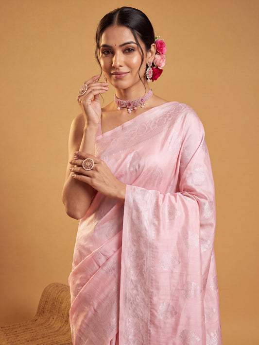 Blush Pink Silver Zari Jaal Litchi Silk Saree
