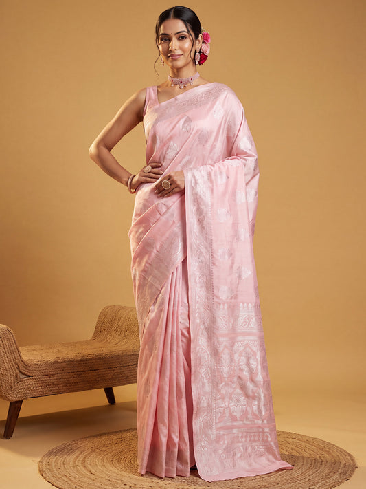 Blush Pink Silver Zari Jaal Litchi Silk Saree