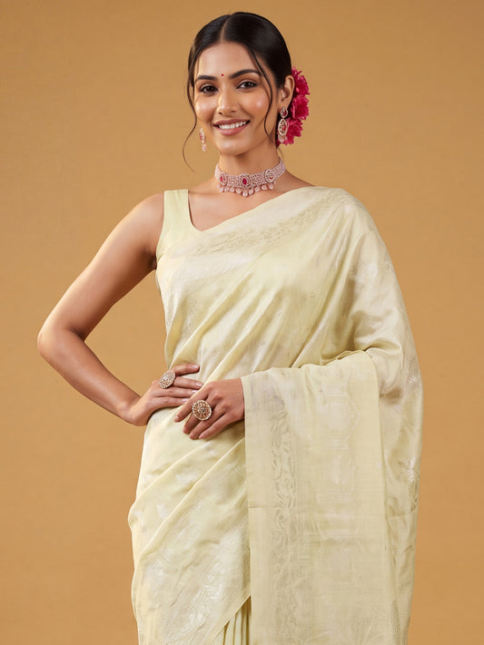 Ivory Silver Gold Zari Jaal Litchi Silk Saree