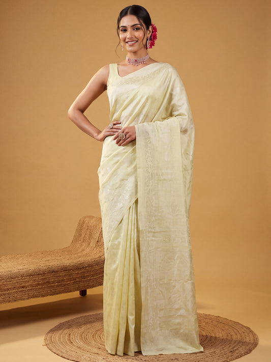 Ivory Silver Gold Zari Jaal Litchi Silk Saree