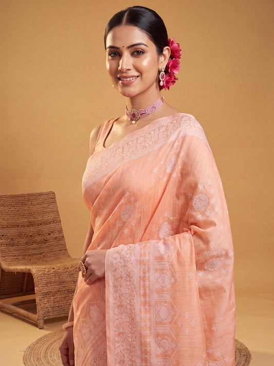 Peach Silver Zari Jaal Litchi Silk Saree