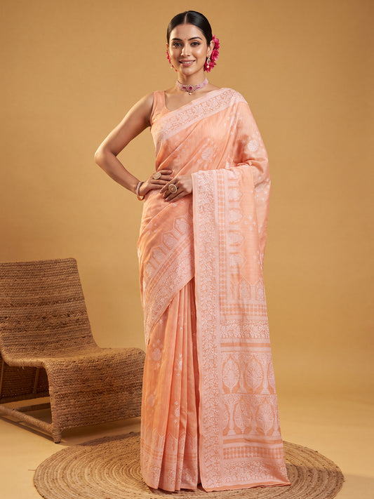 Peach Silver Zari Jaal Litchi Silk Saree