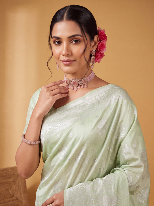 Sage Green Silver Zari Jaal Litchi Silk Saree