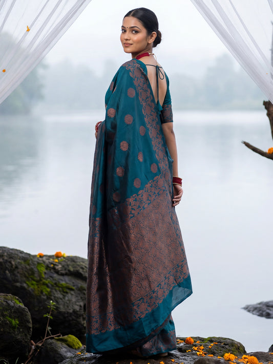 Deep Teal Blue Silk Saree