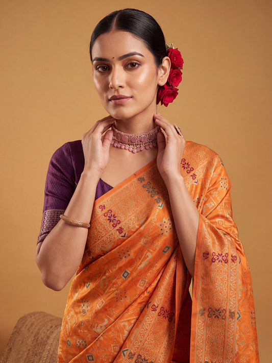 Orange Multicolor Patola Litchi Silk Saree