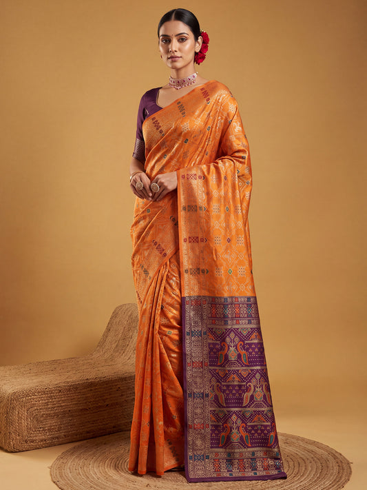 Orange Multicolor Patola Litchi Silk Saree