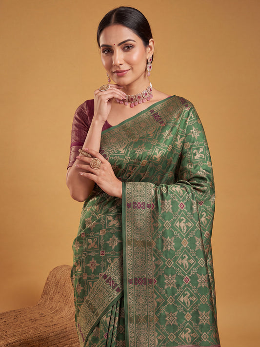 Green Multicolor Patola Litchi Silk Saree