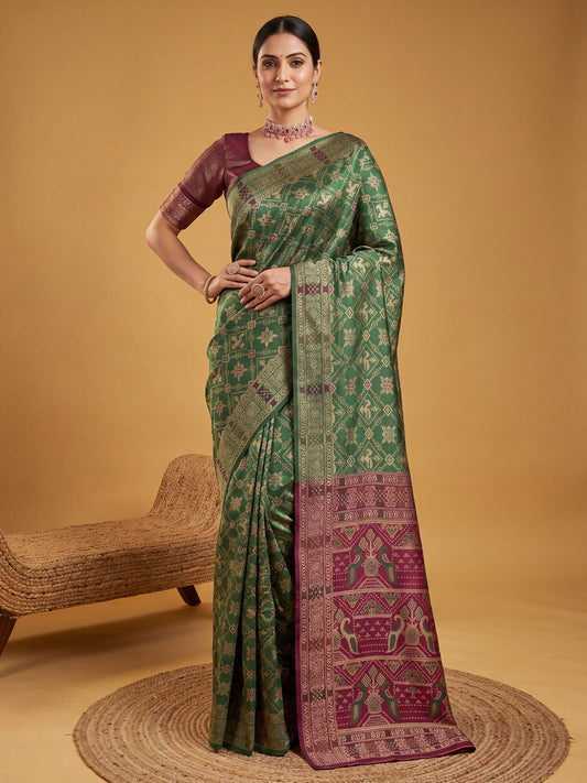 Green Multicolor Patola Litchi Silk Saree