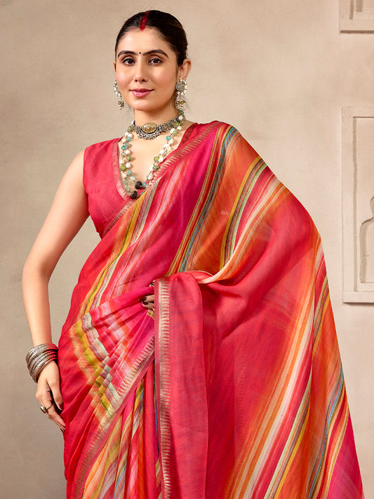 Red and Multicolor Striped Casual Saree