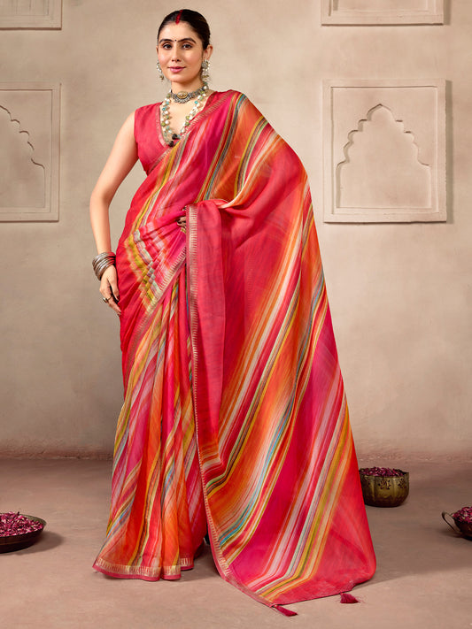 Red and Multicolor Striped Casual Saree