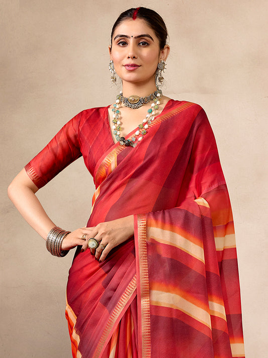 Red and Multicolor Striped Printed Saree