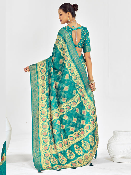 Teal Banarasi Silk Saree with Meenakari Weave & Zari Border